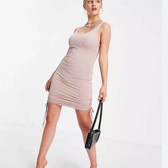 ASOS Threadbare Petite Ruched Tie Side Mini‎ Dress In Taupe 6 NWT in packaging - Picture 1 of 7